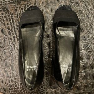Size 7 Stuart Weitzman heels.  Black patent leather with fabric accent.